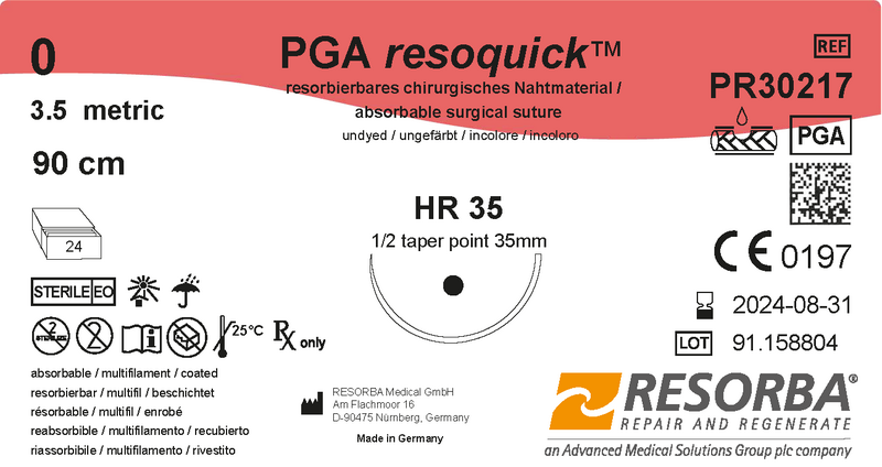 ПГА Резоквік USP 0 незабарвлений, довжина 90см, колюча голка 35 мм, 1/2 кола